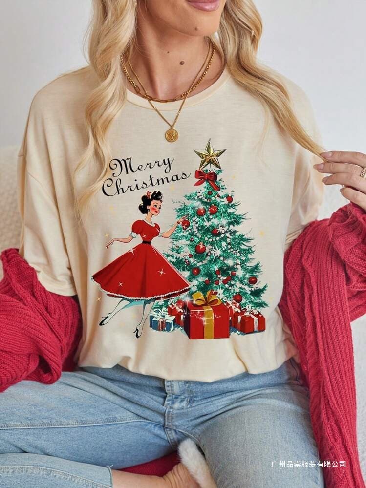 Luneh Christmas Girl Christmas Tree Gift Casual Loose Fit Ro