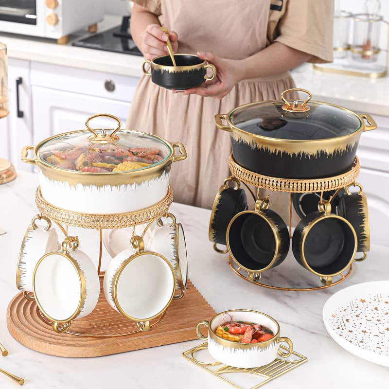 Nordic Gold-plated Ceramic Pot Household Phnom Penh Large Soup Pot 7-piece Set with Lid Soup Pot with Hotel Tableware Set Wholesale