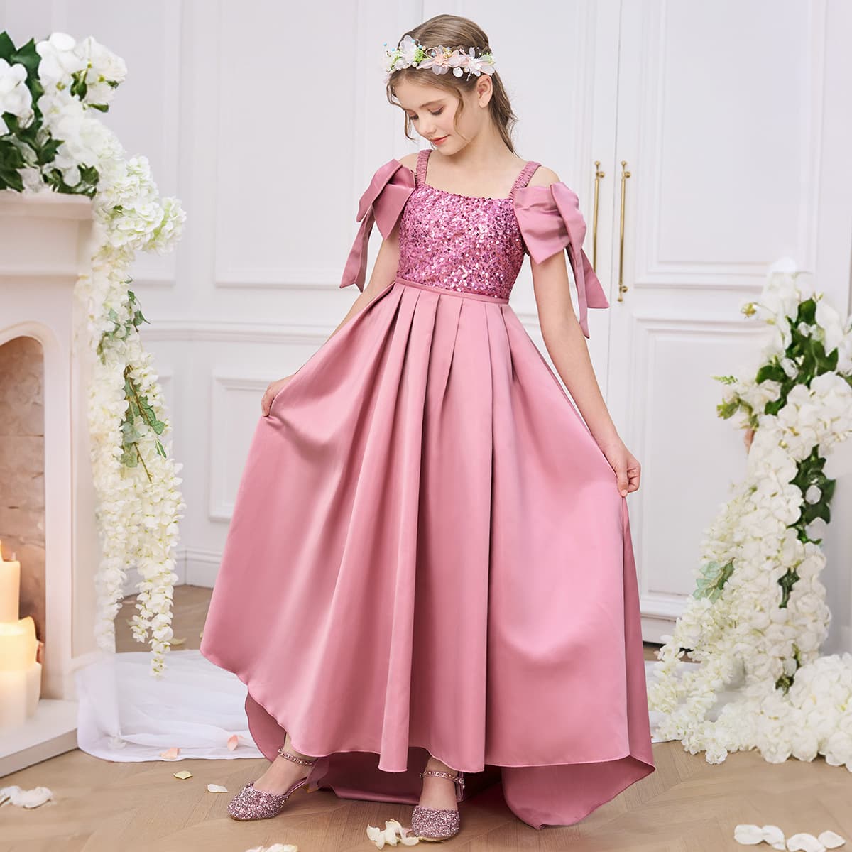 Amazon New Children's Formal Dress European and American Sequin Tulle Princess Dress Girls Off-Shoulder Bow Dress