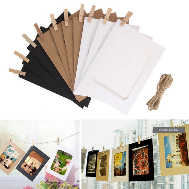 3-inch 5-inch 6-inch DIY Photo Wall Hanging Paper Photo Frame Black and White Kraft 10 Sheets with Jute Rope Clips