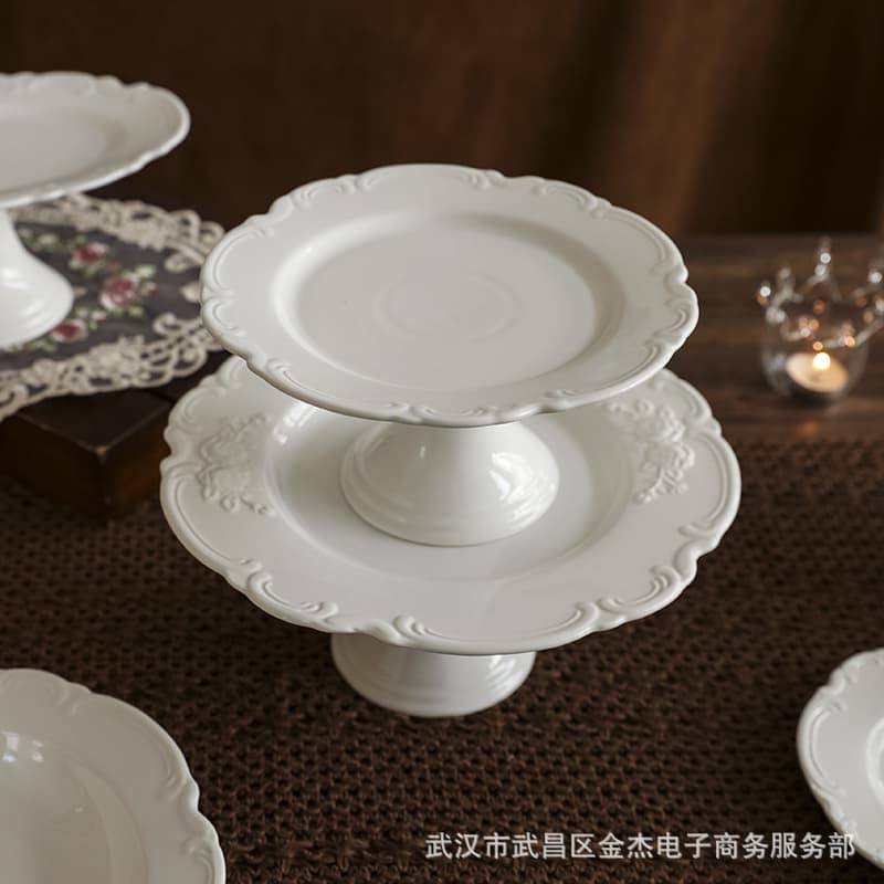 French embossed ceramic tall fruit plate, high-end afternoon tea snack tray, exquisite display pastry tray