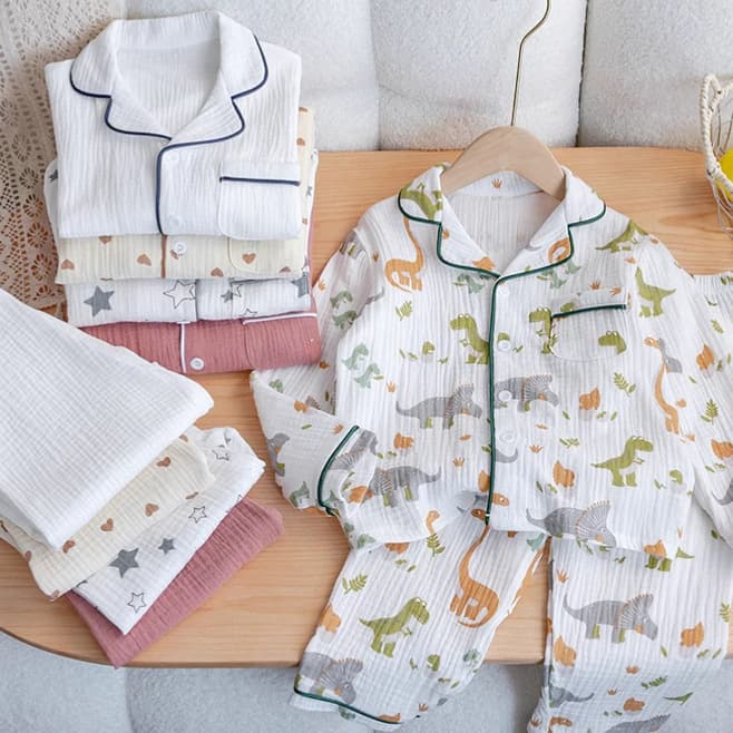 Children's Pajamas Class A Pure Cotton Printed Long-Sleeve Cardigan Turn-Down Collar Set Cartoon Print Pajamas Cute Kids Sleepwear Set