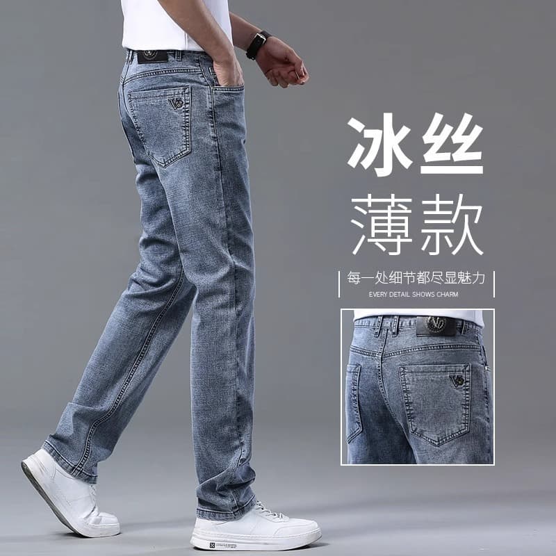 High-End European Fall New Style Straight Jeans Lightweight Luxury Trendy Ice Silk Comfortable Long Pants for Men