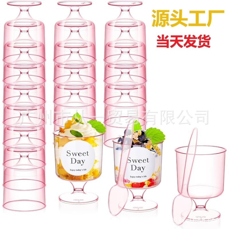 Pink Dessert Cup with Spoon Plastic Parfait Cup Appetizer Cup Party Fruit Ice Cream Mousse Pudding Cup