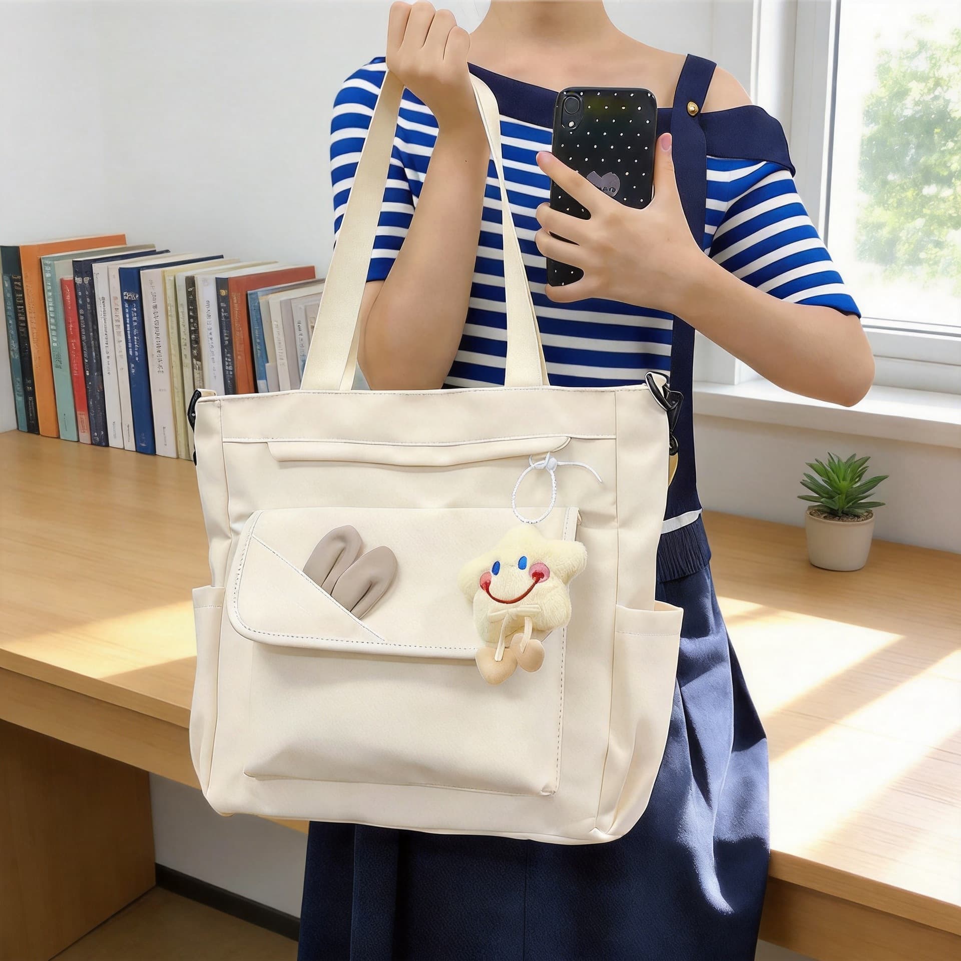 Canvas bag student tutoring bag large capacity new cartoon portable shoulder bag cute commuting tutoring bag