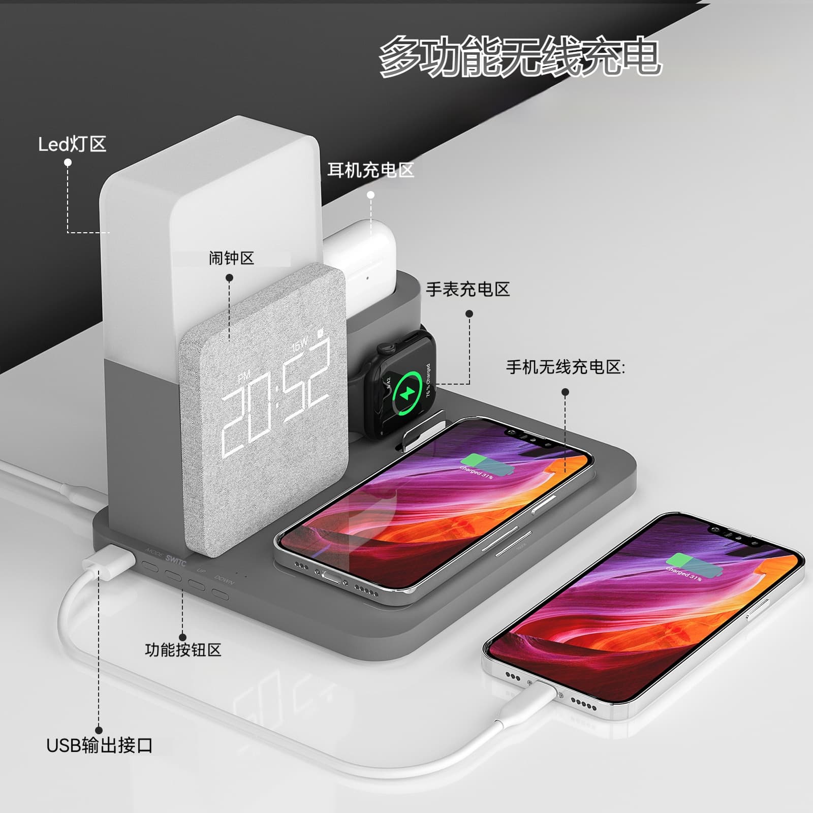 Multi-functional Wireless Charging Hub: Phone/Watch/Headphones Wireless Charger + LED Light + Alarm Clock All-in-One