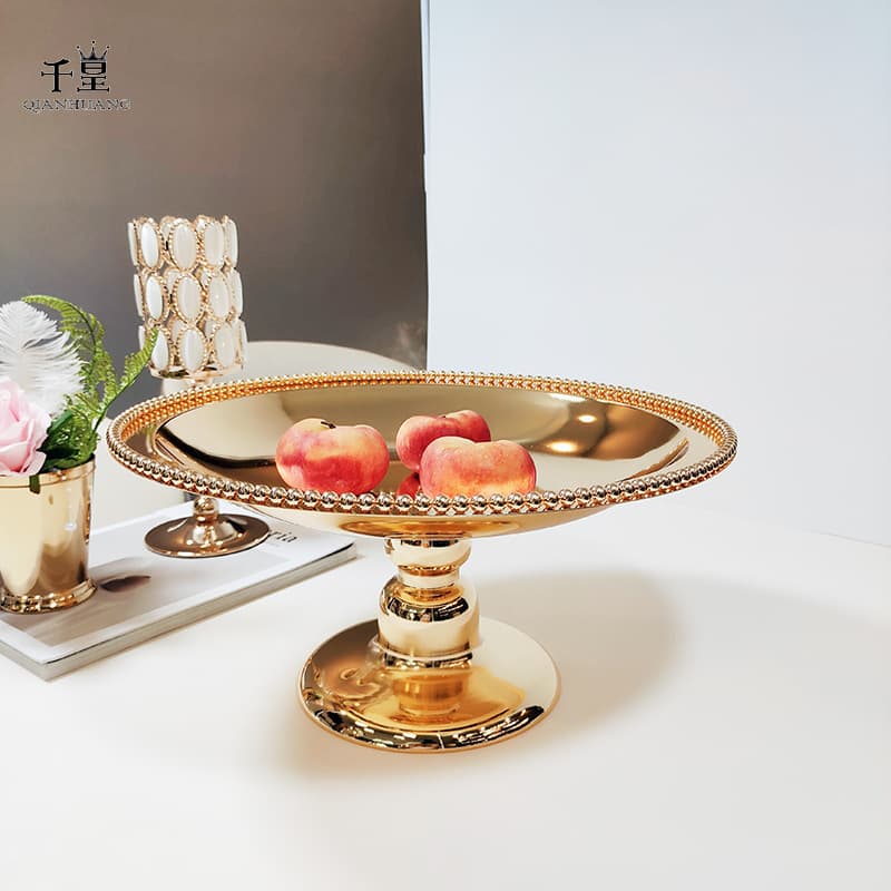 Qianhuang Luxury Round Metal Pedestal Cake Stand Dessert Display Decorative Ornament Wedding Arrangement Pastry Snack Plate