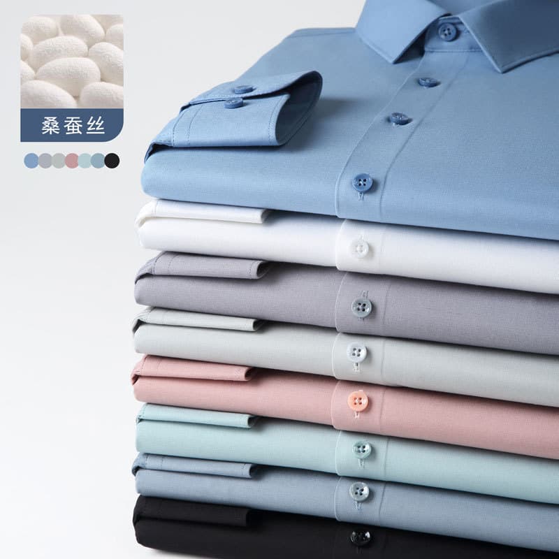 2025 new men's business shirt mulberry silk white solid color large size no-iron anti-wrinkle long-sleeved shirt for men versatile