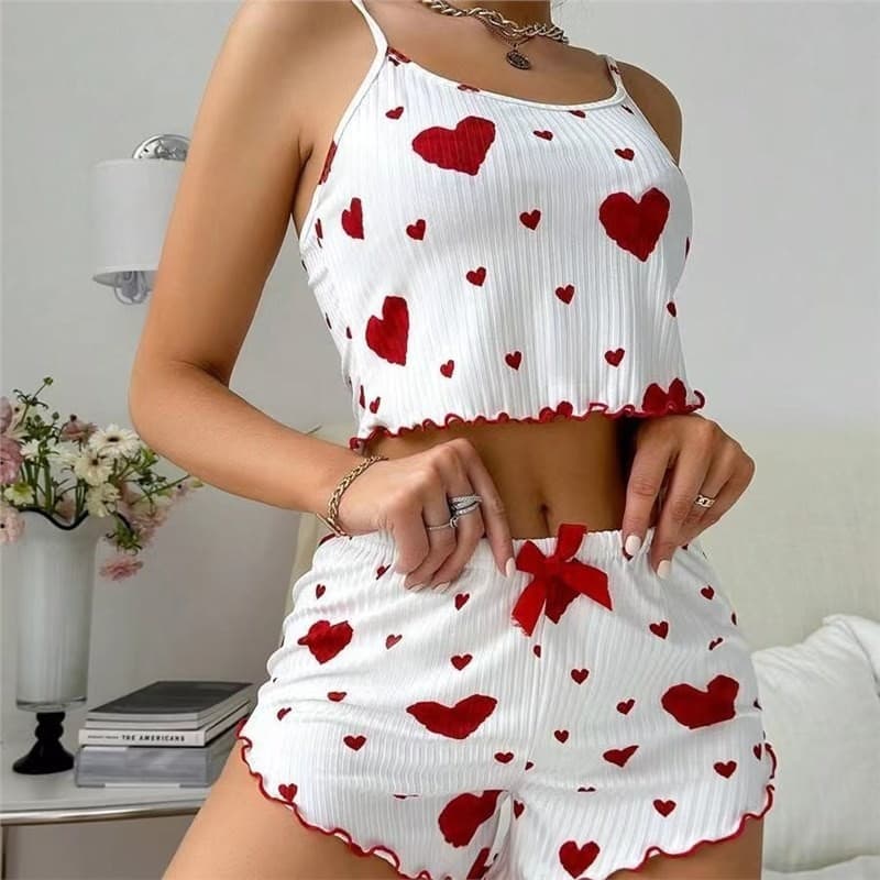 Summer new European and American 2024 knitted pit strips love print design sweet suspender shorts pure desire pajamas for women
