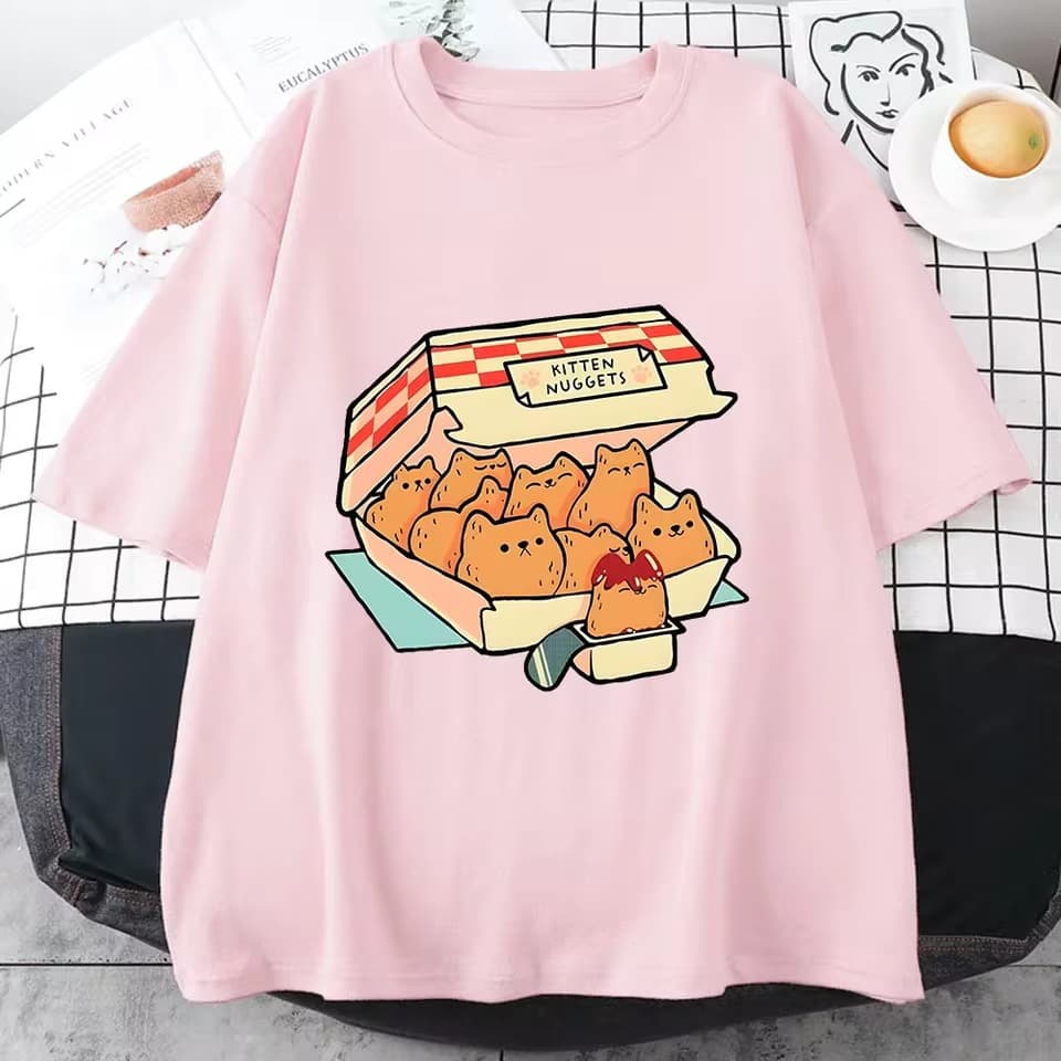 Kitten Nugget Happy T-Shirt Women Kawaii / Cute High Street T-Shirt 100% Cotton T-Shirt Cat Cookie Dip Sauce