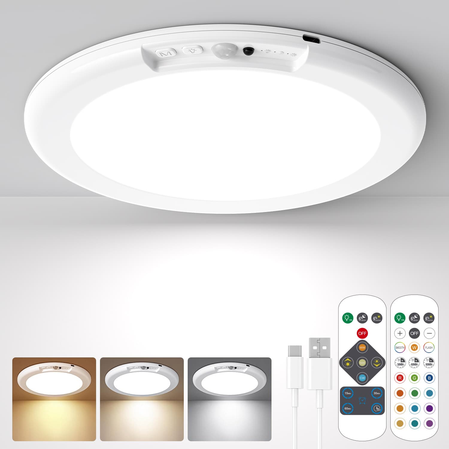 Rechargeable, wire-free, motion-sensor ceiling light for LED stairwells, hallways, corridors, warehouses, and homes.
