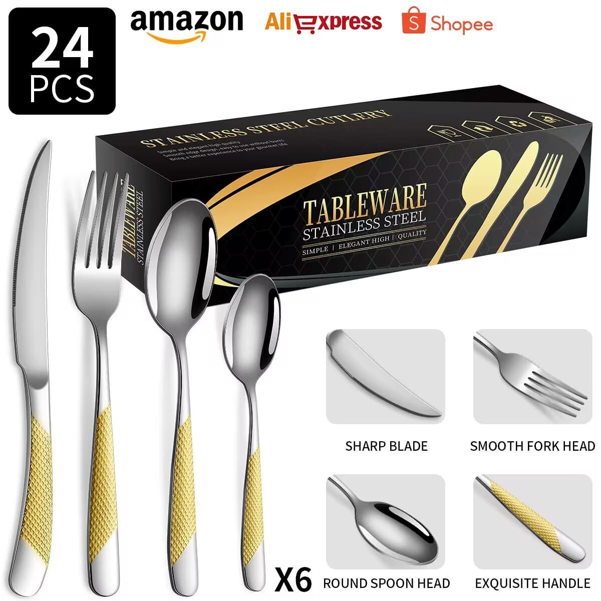 2025 New Cross-border Stainless Steel Cutlery Set 24-piece 6-person Set Star Diamond Gift Box Western Tableware Steak Knife Fork
