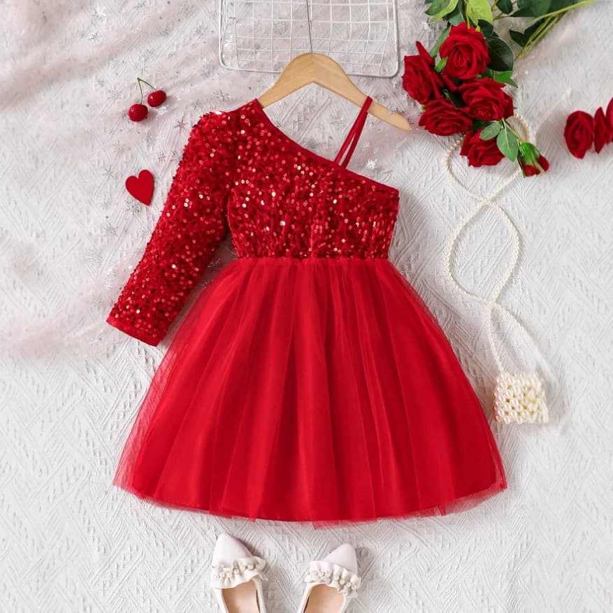 Cross-border European and American children's sequined dress, fashionable and elegant sloping shoulder strap bow design princess dress performance dress