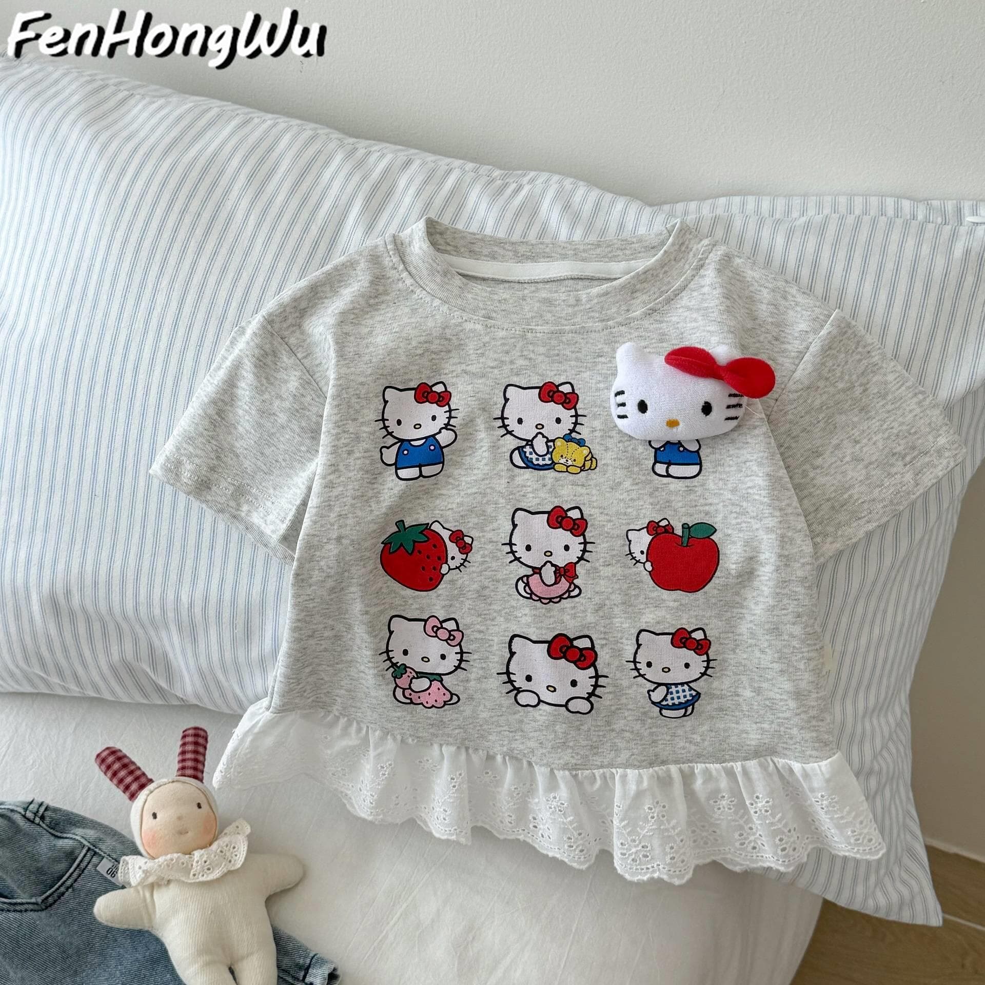 [Pink House] Stylish Kids T-Shirt Summer New Lace Girls Printed Cute Top Sweet Short-Sleeve T-Shirt