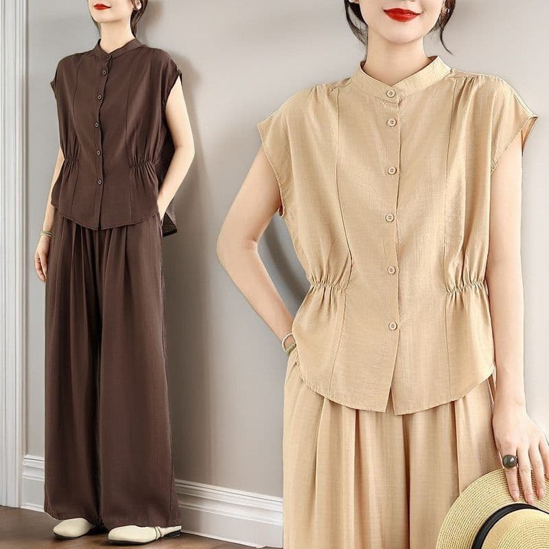 Fashionable Women's Two-Piece Set Summer New Casual Short Sleeve Wide Leg Pants Elegant Mother's Set for Cross-Border
