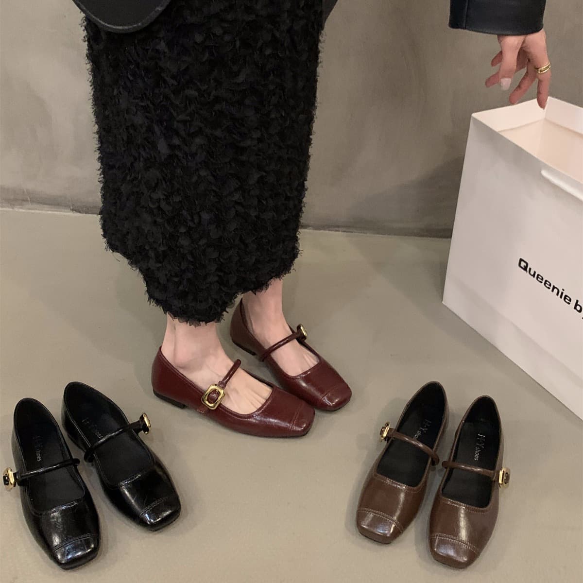 Flat Mary Jane Black Shoes for Women 2023 New French Red Evening Style Gentle Mary Jane Shoes