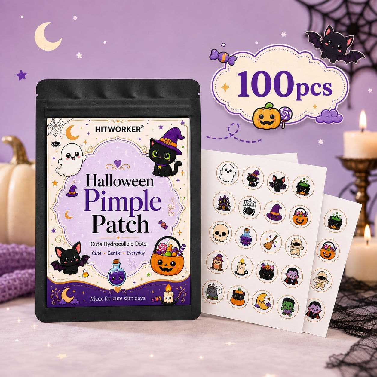 Cross-border In Stock Acne Patch Hydrocolloid Cartoon Pimple Patch Day and Night Use Acne Mark Patch Invisible Halloween Series