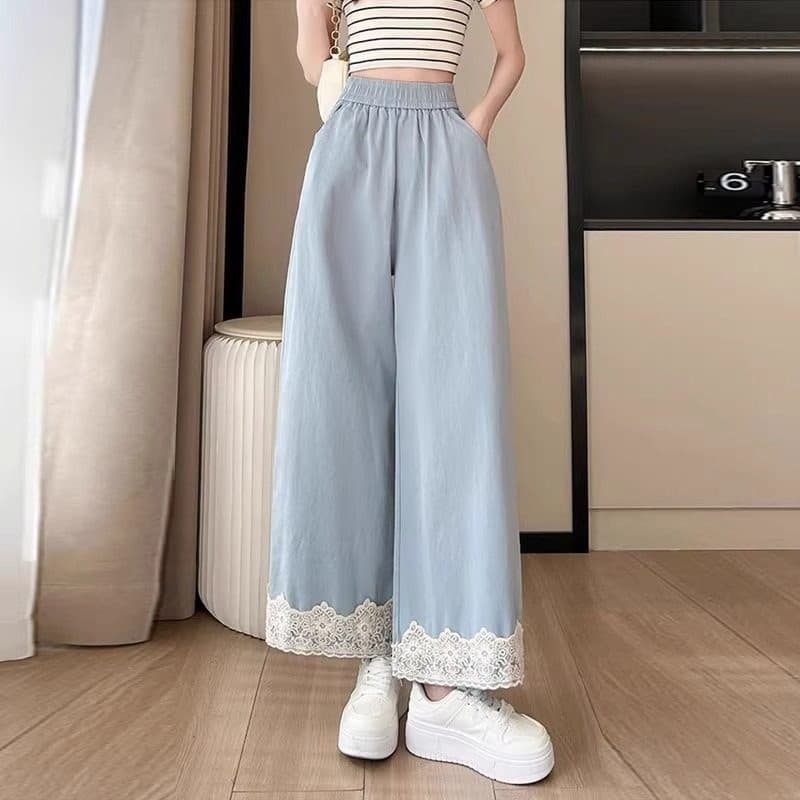 Lace ice silk wide-leg pants for women in summer, thin breasted Yamamoto nine-point pants for women, lace loose straight casual pants