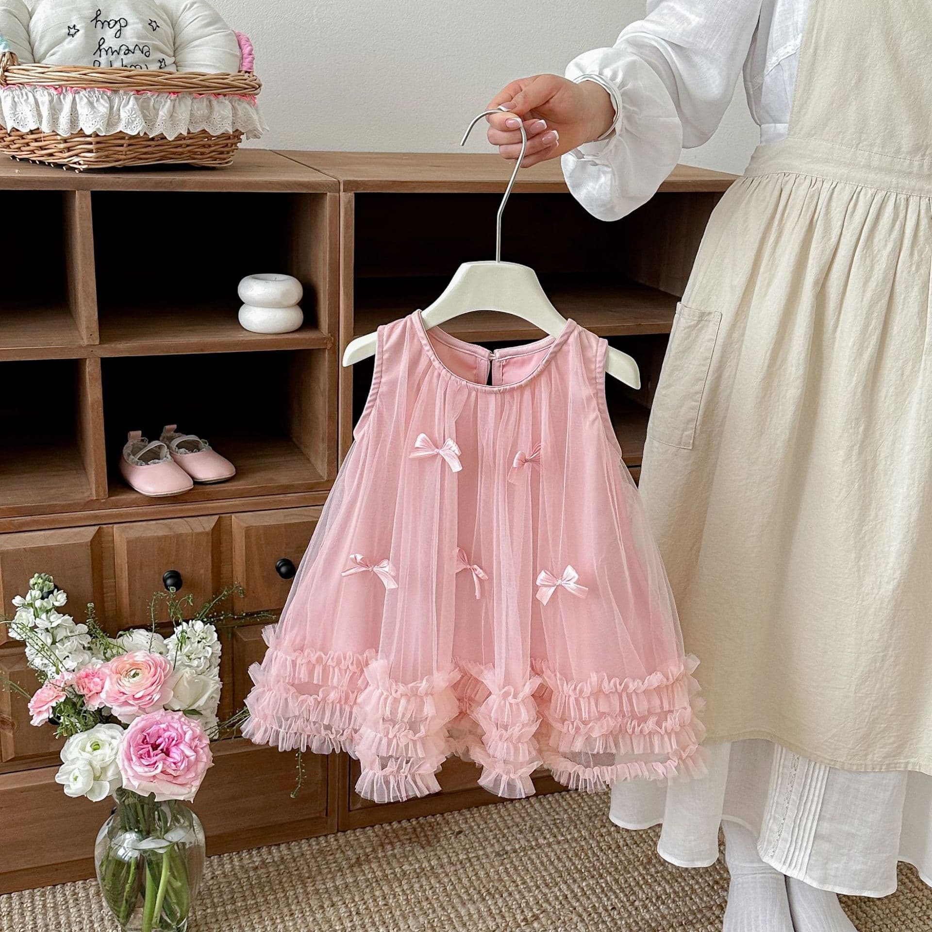 Girls Summer Dress 2026 New Children Pink Sleeveless Dress 3D Bow Mesh Princess Dress