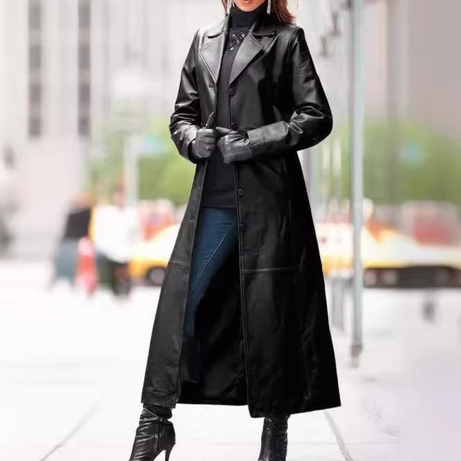 In Stock Hot Selling Cross-Border Source European and American Women's Button Leather Coat Long Trench Coat Slimming Plus Size Leather Windbreaker w333