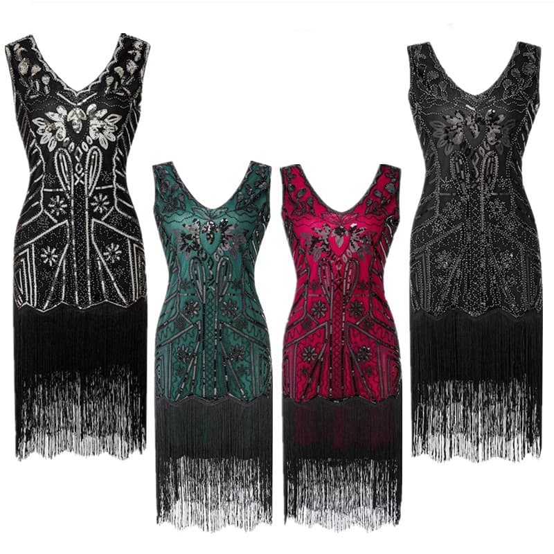 Retro 1920s Gatsby Dance Dress Evening Party Gown Adult V-neck Fringed Shiny Skirt Ball Gown for Women Elegant Formal Wear
