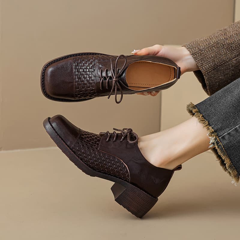 Vintage British Style Square Toe Leather Shoes for Women New Autumn Sheepskin Woven Loafers Casual Lace-up Flats