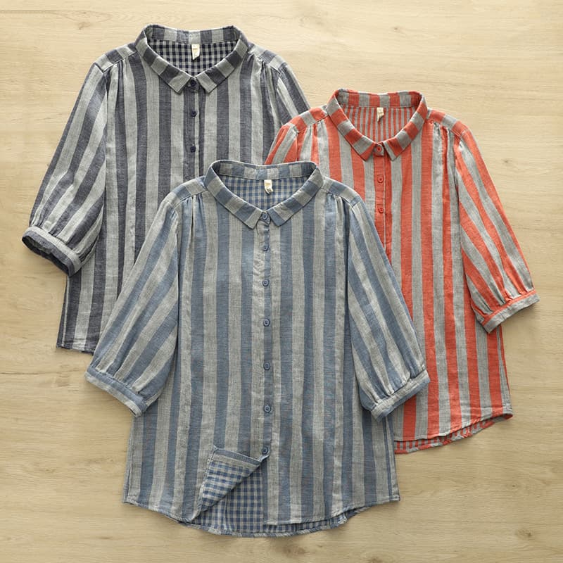 2025 Summer New Striped Double Yarn Skin Cotton Women's Cardigan Short Sleeve Shirt Top