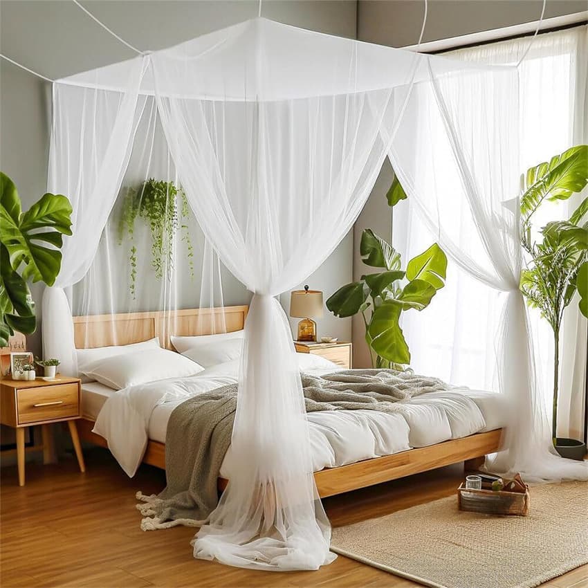 Summer Square Mosquito Net Four-Door Mosquito Net Four-Post Bed Canopy Bed Top Cover No-Install Mosquito Net Bed Curtain Bed Drape