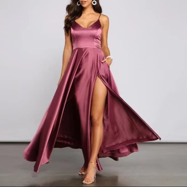 Amazon US/EU Bridesmaid Dress V-Neck Midi Slimming Spaghetti Strap Off-Shoulder Bridesmaid Gown