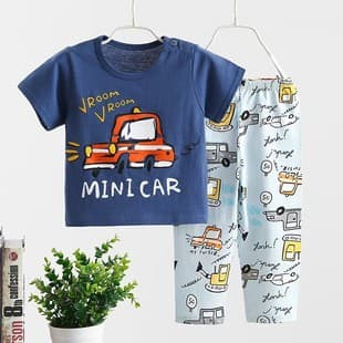 Kids Homewear Summer Korean Cartoon Boys Girls Short Sleeve Long Pants Set Wholesale Cute Style