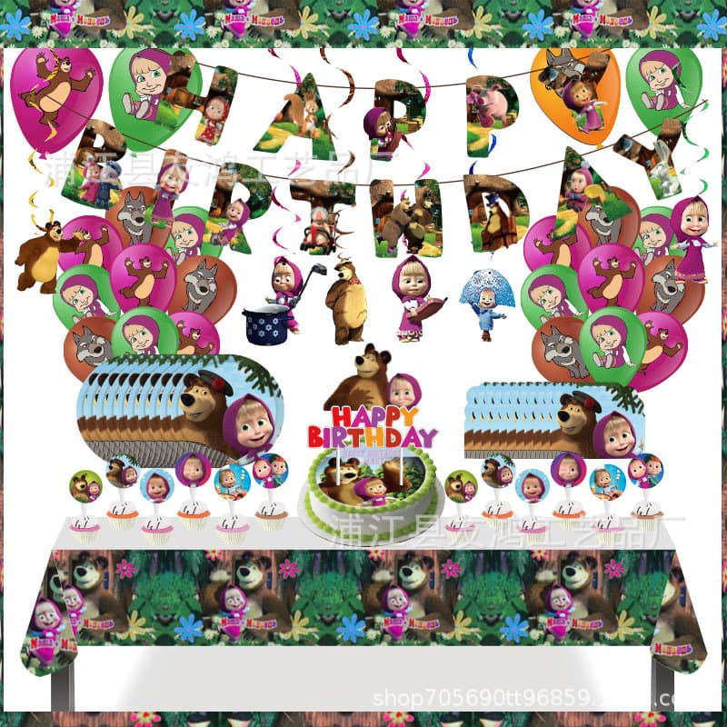 New Masha & The Bear theme party decoration flag hanging cake tablecloth