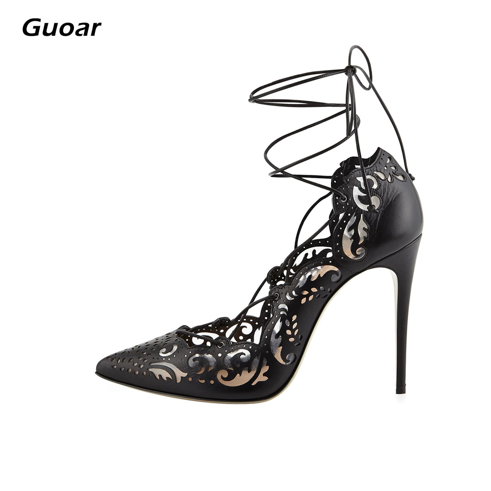 Hollow Pattern Pointed Toe Shallow Mouth Lace-up 12cm Stiletto Heel Versatile Sexy Women's Shoes