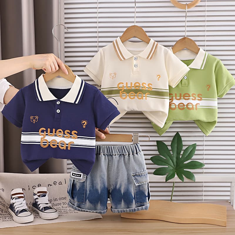 Cross-border Boys Summer Outfit 2026 New Style Kids Turn-down Collar Letter Print Short Sleeve T-shirt and Denim Shorts Set