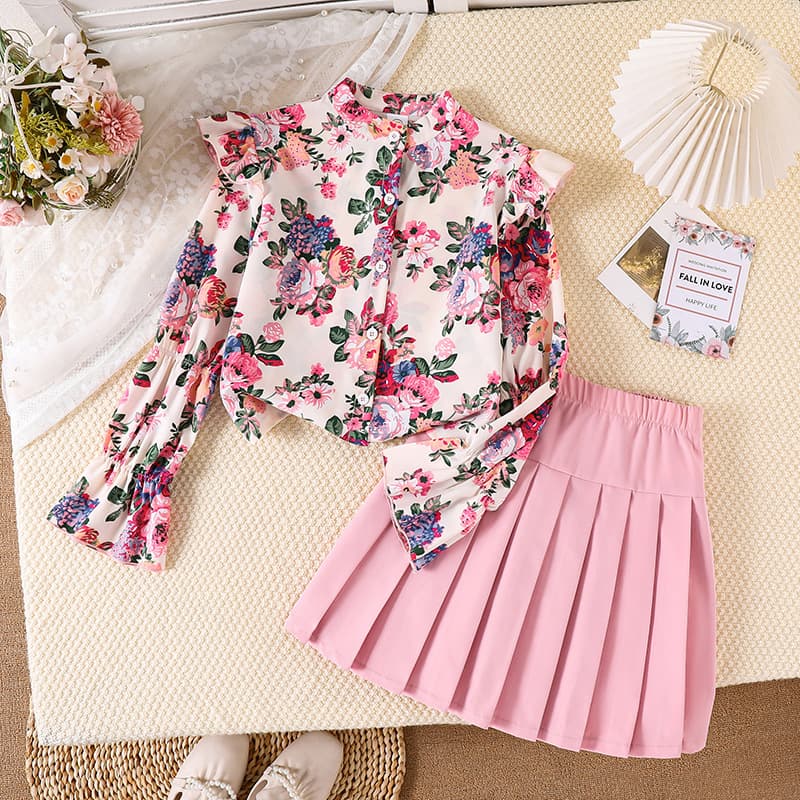 2026 spring and summer new cross-border children's suit flower print flying sleeves long-sleeved top solid color waist pleated skirt short skirt