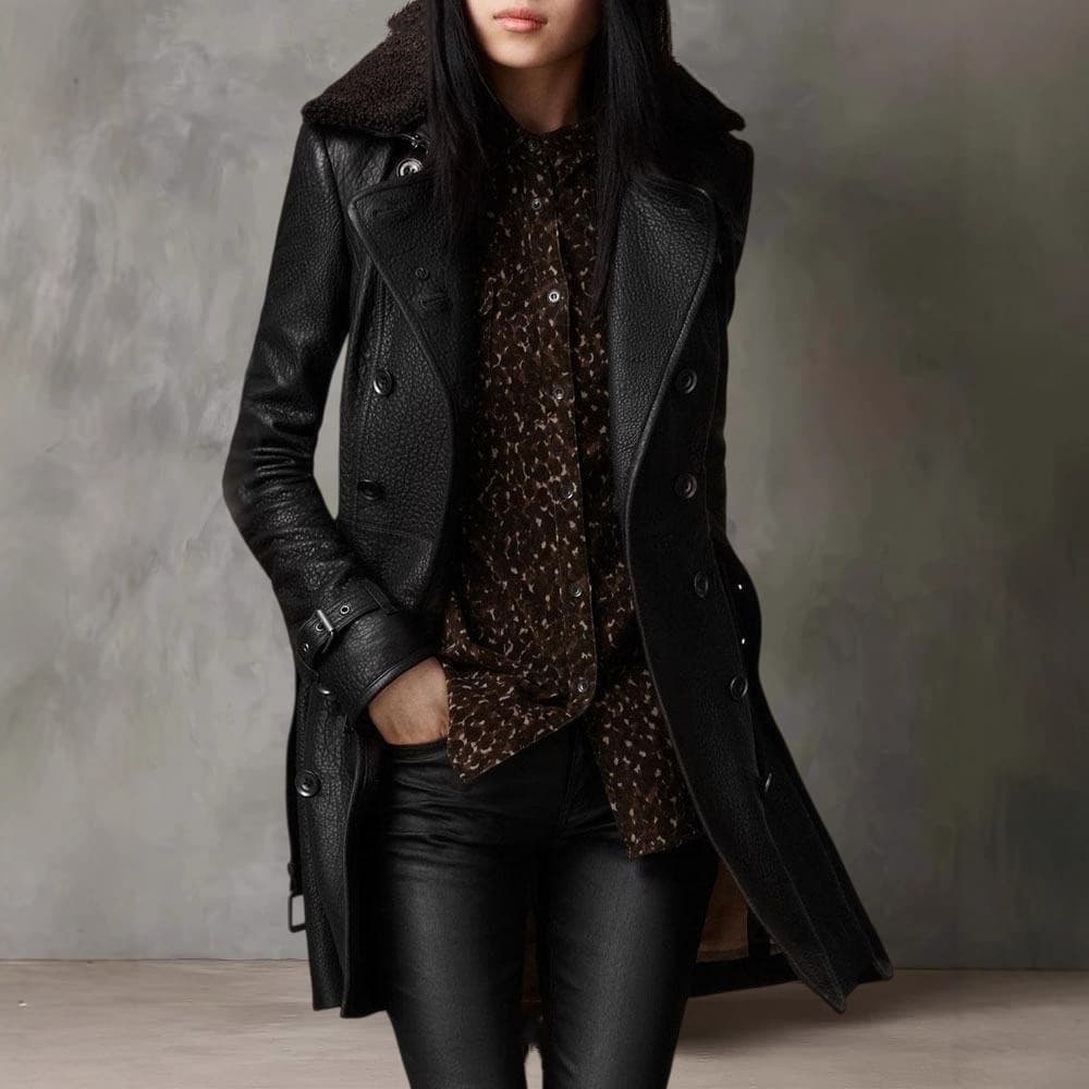 Cross-border foreign trade women's coat British style thickened fur collar mid-length leather jacket motorcycle style leather jacket women's jacket