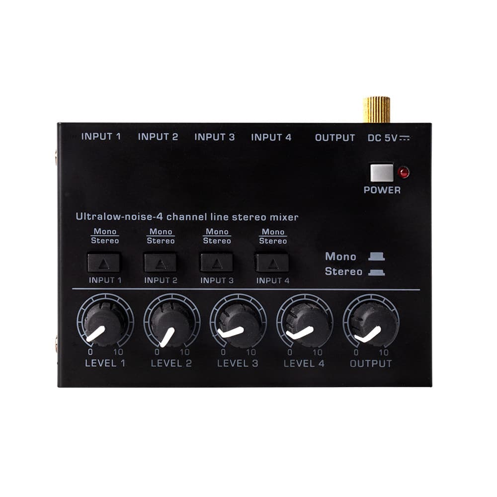 Ultra-compact 4-channel stereo audio mixer with low noise, suitable for home studio recording and live streaming.