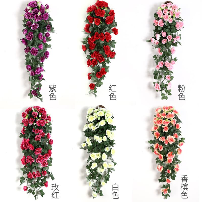 Rose Wall Hanging Artificial Flowers for Wedding Home Decoration Silk Flower Vine Wall Hanging Cross-Border Factory Wholesale Decor