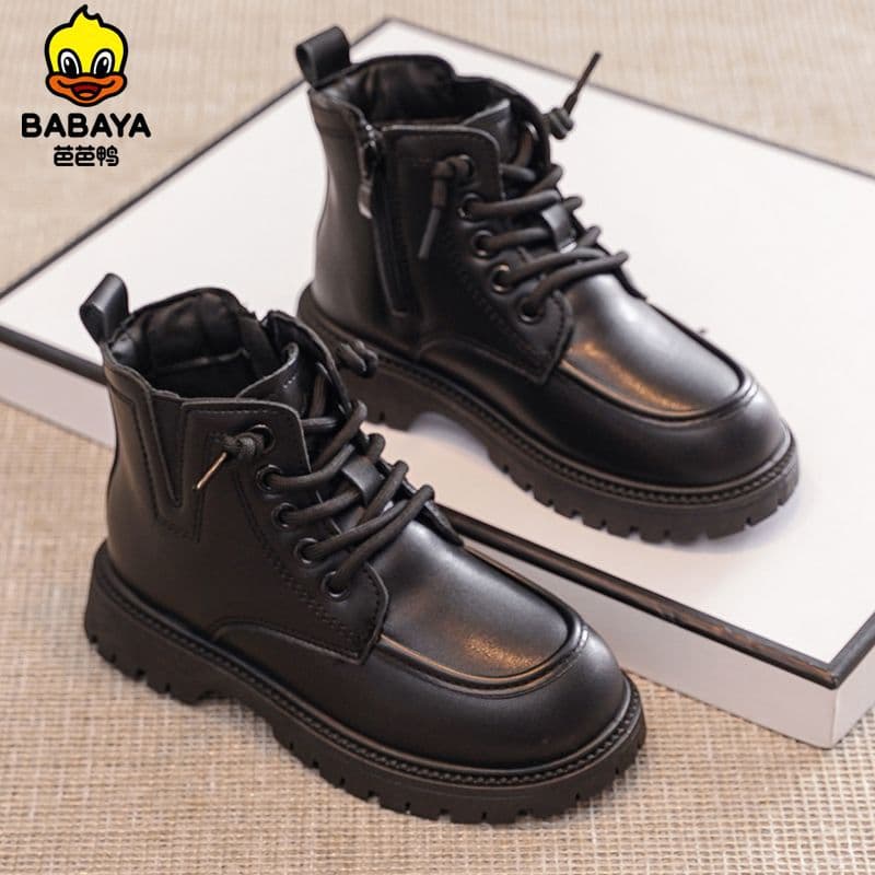Baba Duck Children's Boots Martin Style New 2024 Fall Single Boots Little Girl Fashionable Black Leather Boots