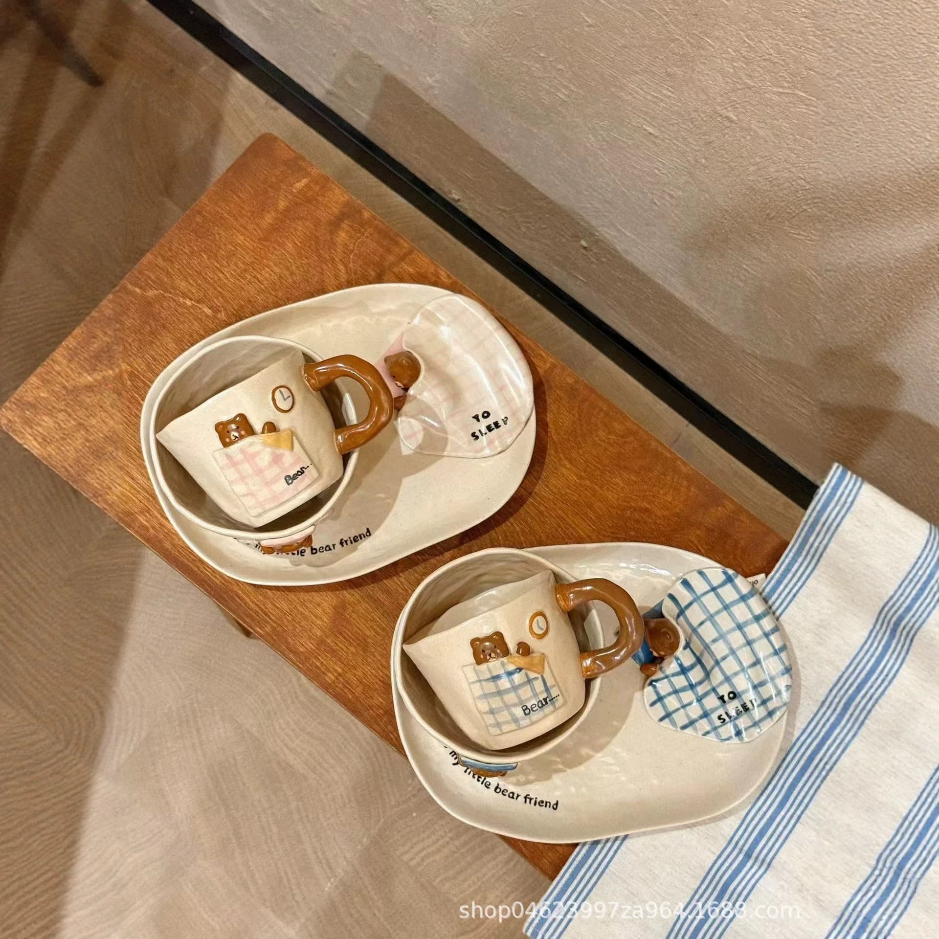 Vintage Pajama Bear Ceramic Dinnerware Set - Cups, Bowls, Plates for Kids, Couples, High Appearance