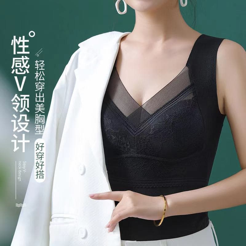 Autumn/Winter Lace Mesh Velvet Warm Vest, One-Piece Bra-Free Fit, Slim Fit, Supportive, Sexy, Heat-Generating Warm Clothing