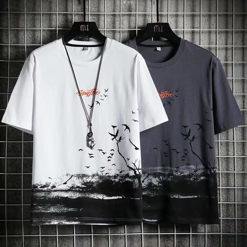 Men's Short Sleeve Loose Fit Round Neck T-Shirt 2024 New Style Simple Trendy Hong Kong Style Student Street Stall Wholesale