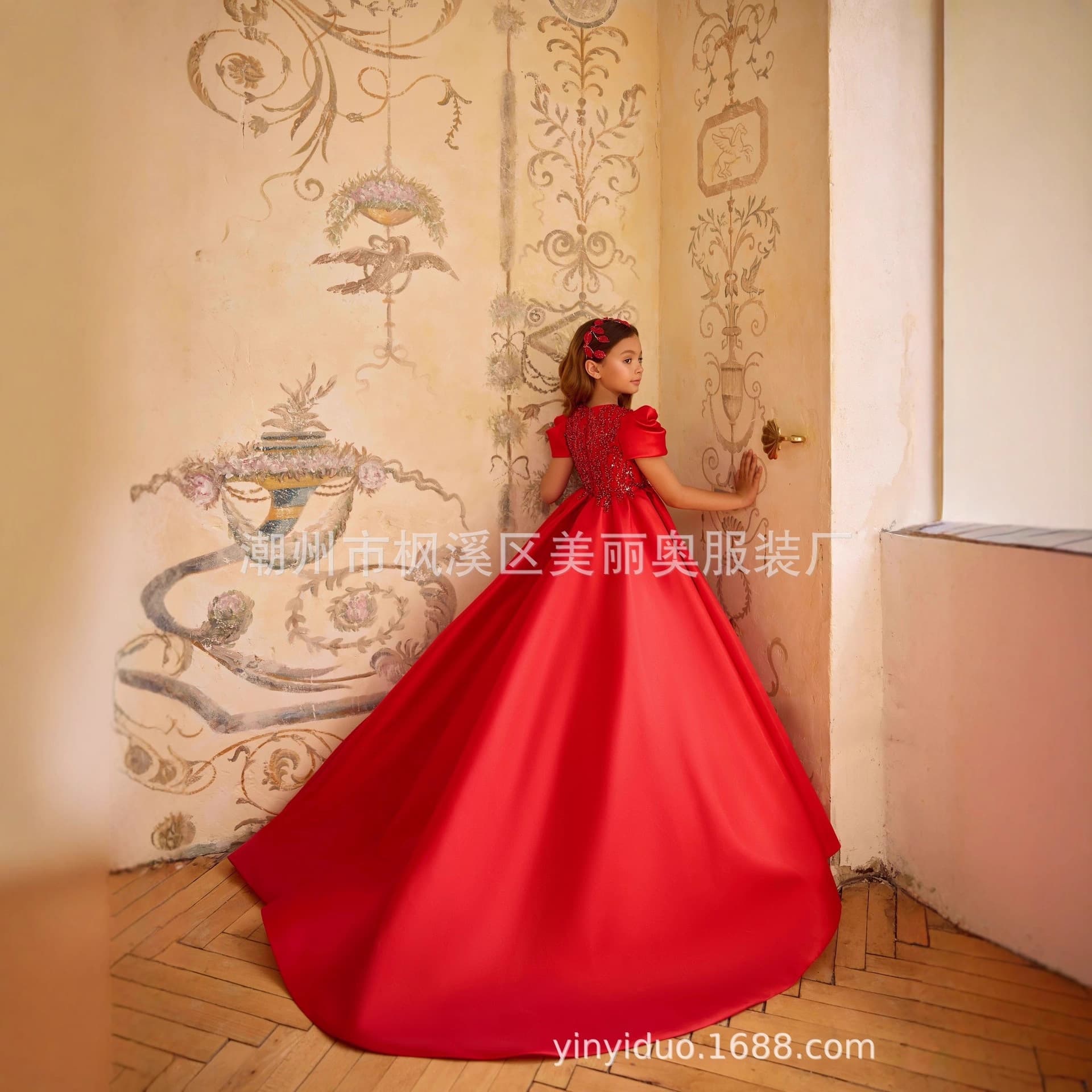 Cross-border Long Sequin Red Train Evening Gown Dress Wedding Flower Girl Princess Dress