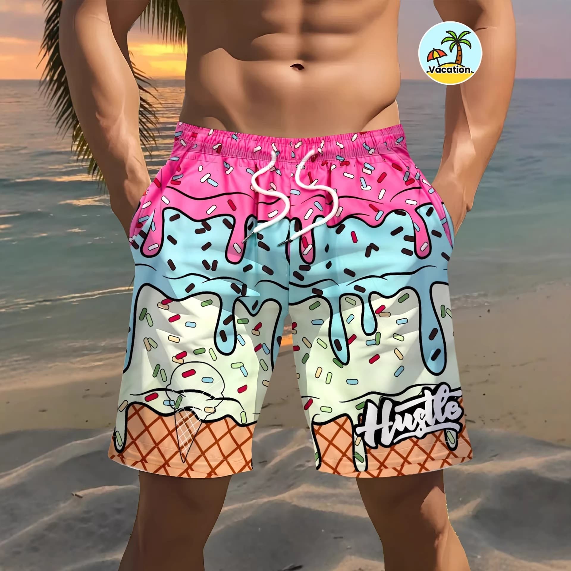 2026 cross-border manufacturer European and American popular 3D digital printing beach pants summer men's loose sports and casual shorts