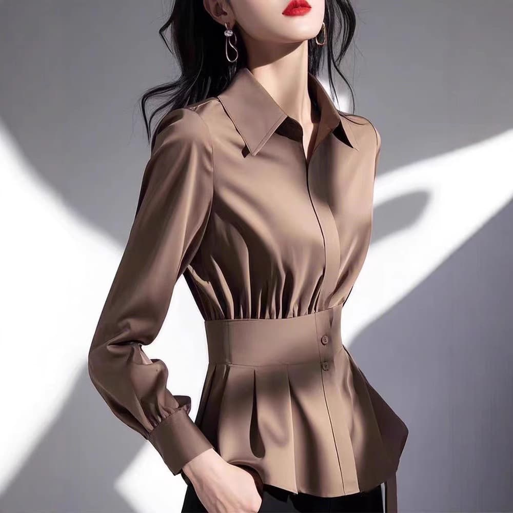 Spring European Style High-End Chic Niche Light Luxury Advanced Age-Defying Beautiful Trendy Coffee Color Cinched Waist Shirt for Women