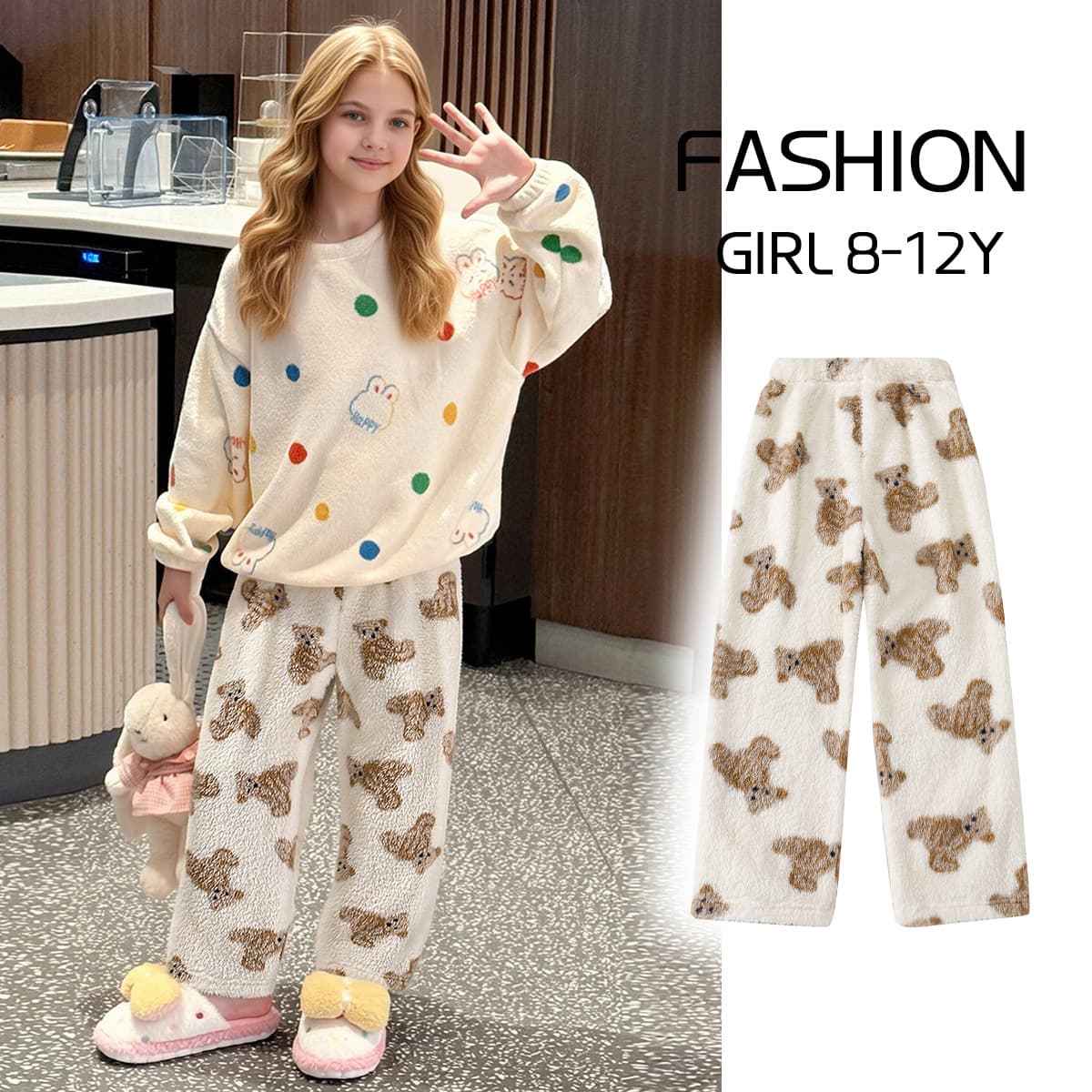 Girls' Autumn/Winter Pants, Kids' Winter Clothing, Children's Bear Pattern Fleece-Lined Sweet Casual Long Pants, Cross-Border Bestseller