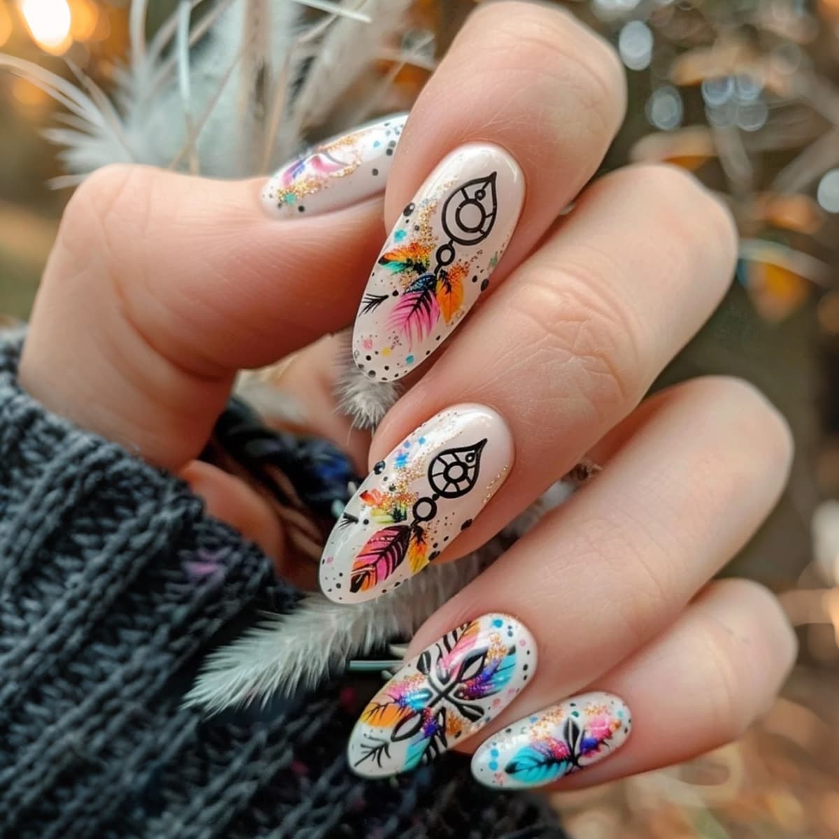 Cross-border Retro Colorful Feather European and American Wearable Nails Ins Style Press-On Nails Removable Fake Nail Tips Wholesale