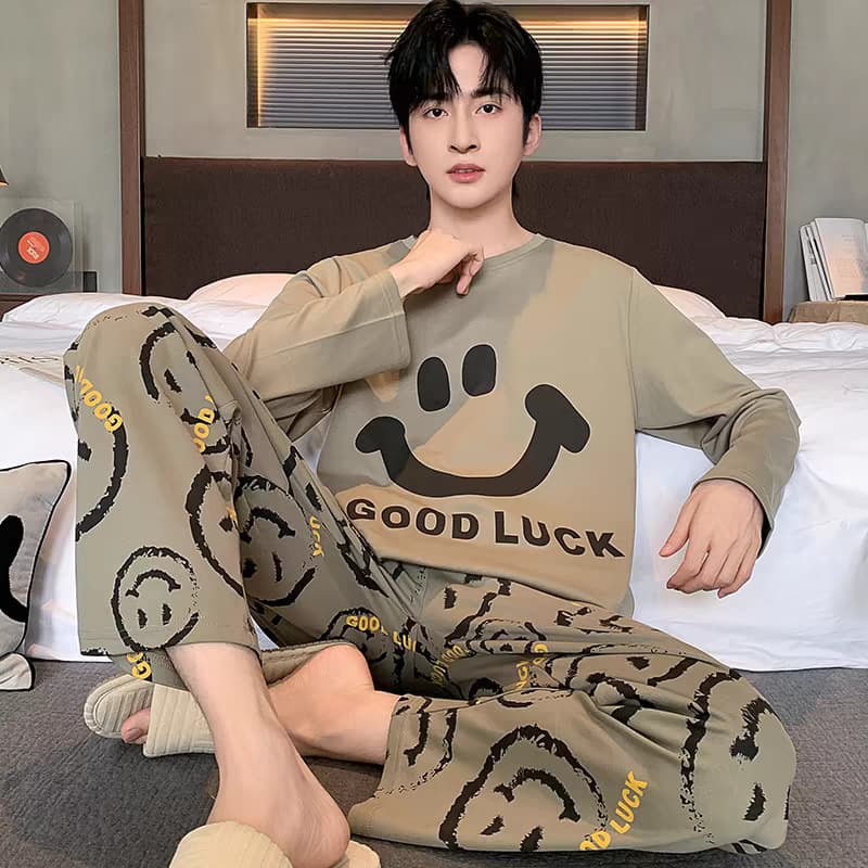 Cross-border Pajamas Men Spring Autumn Plaid Solid Color Multiple Sizes Big Size Youth Homewear Set Long Sleeve Drop Shipping