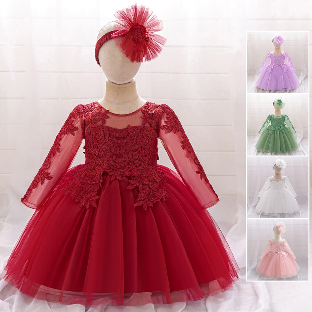 Cross-border Girls Princess Dress Embroidered Long Sleeve Baby First Birthday Wedding Flower Girl Dress