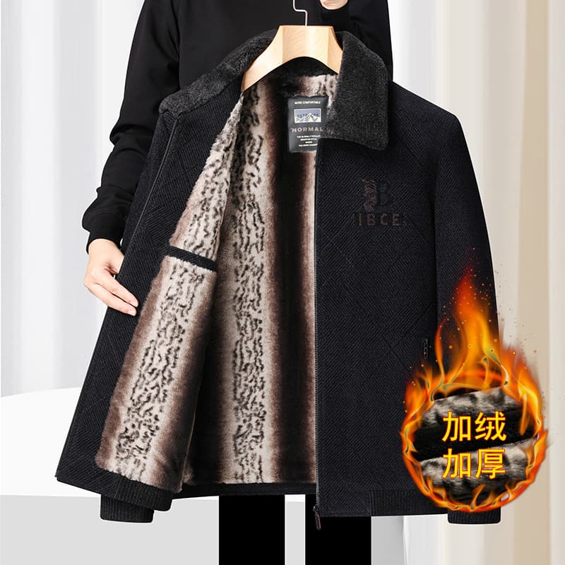 Winter Chenille wool coat for grandfathers, men's lapel, middle-aged and elderly fathers' clothing, fleece-lined and thickened jacket, warm in winter.