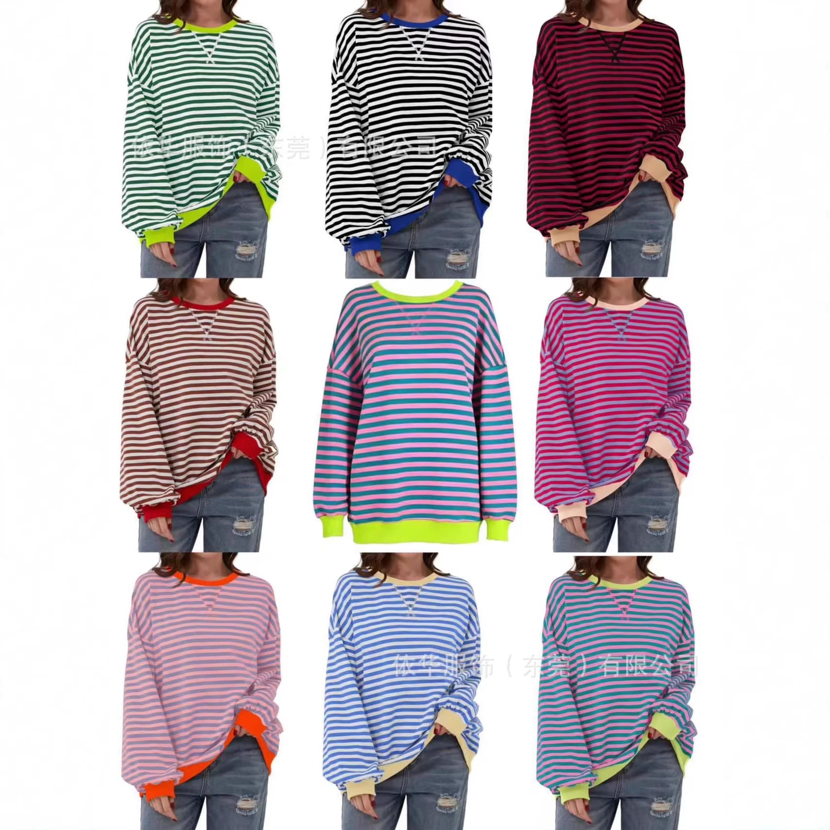 2026 Spring Simple Cross-Border New Casual Women's Long-Sleeve Top Round Neck Pullover Color-Block Striped T-Shirt